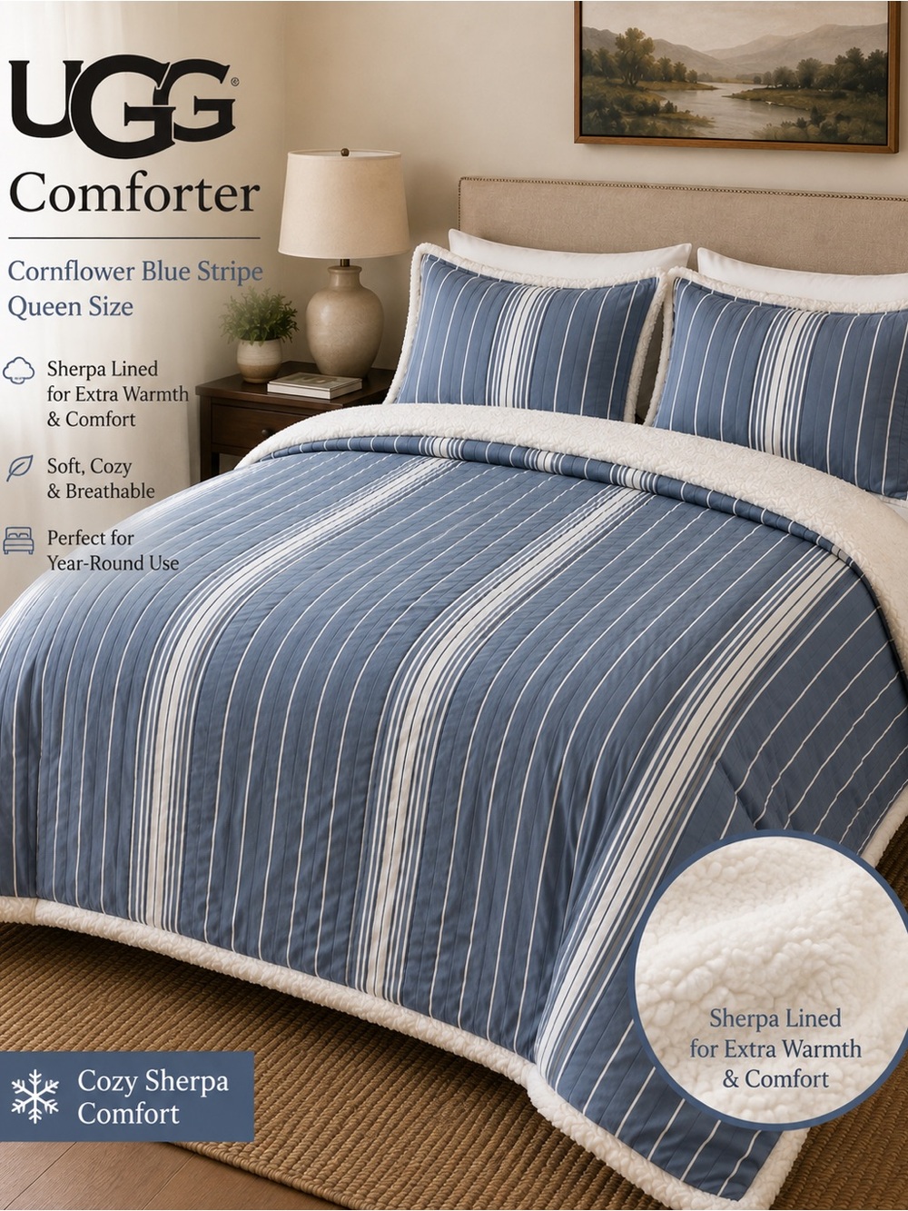 UGG Queen Comforter Set Cornflower Blue Stripe Sherpa Lined Cozy Bedding